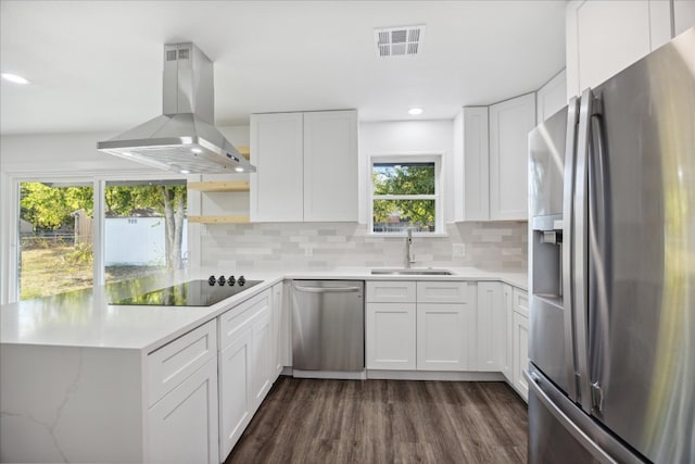 kitchen featuring white cabinets, dark hardwood / wood-style floors, sink, stainless steel appliances, and ventilation hood