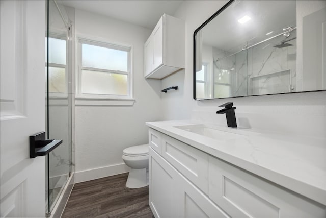 bathroom with vanity, wood-type flooring, toilet, and an enclosed shower