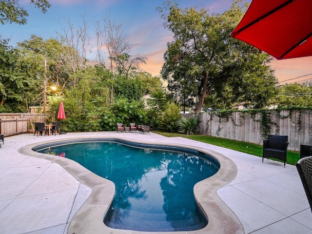 pool at dusk with a patio