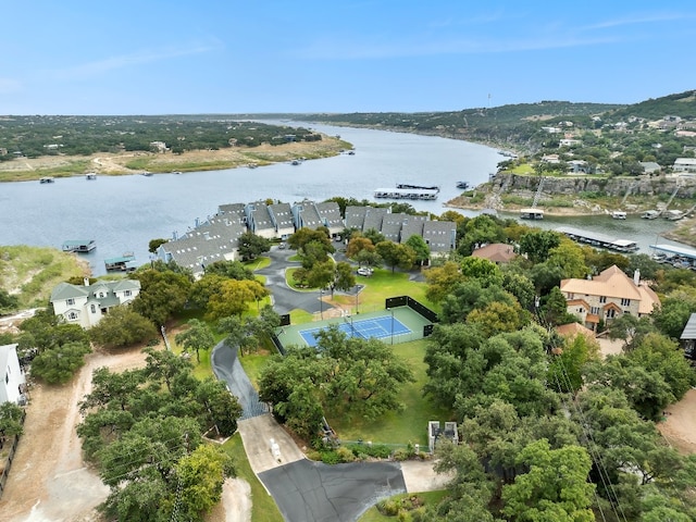 aerial view featuring a water view