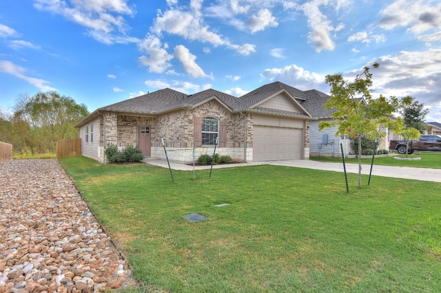 ranch-style home with a front yard and a garage