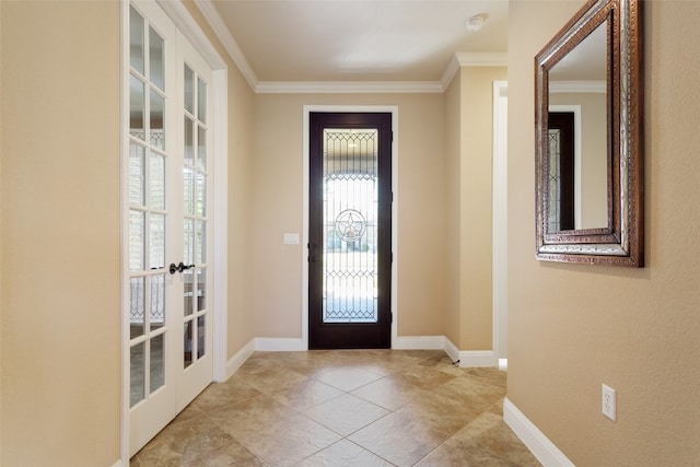 foyer entrance featuring french doors, crown molding, and plenty of natural light