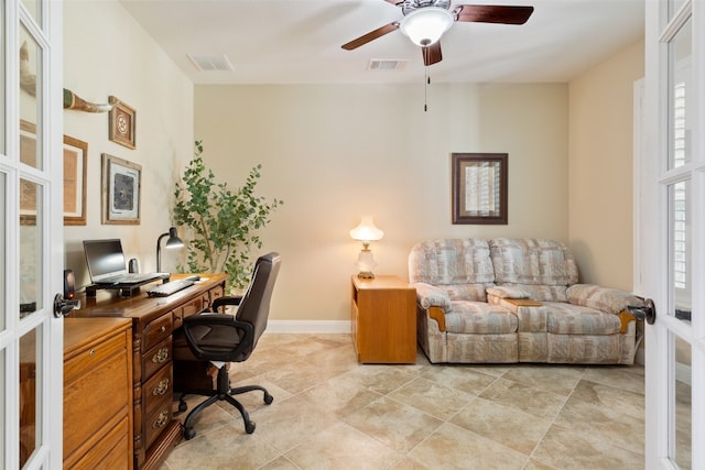 home office with french doors and ceiling fan