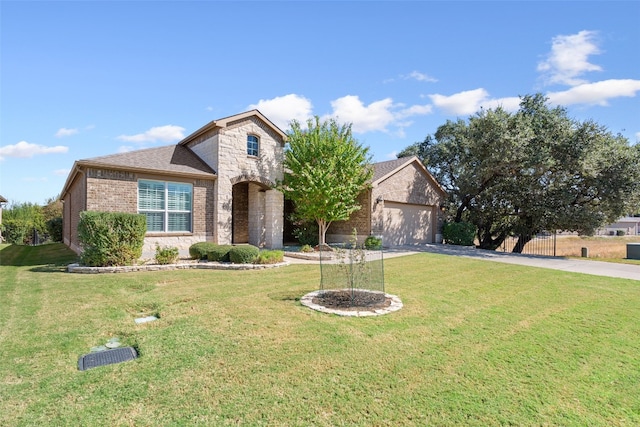 view of front facade featuring a garage and a front lawn