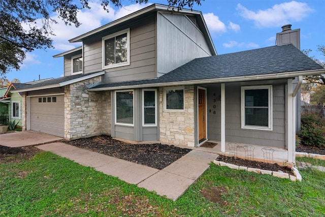 4308 Molokai Dr, Austin, TX 78749 - view of front of house with stone siding, roof with shingles, an attached garage, and a chimney