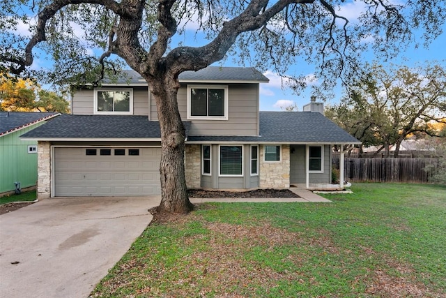 4308 Molokai Dr, Austin, TX 78749 - view of front of property featuring stone siding, a shingled roof, driveway, an attached garage, and a chimney