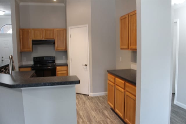 kitchen featuring black / electric stove, light hardwood / wood-style flooring, and kitchen peninsula