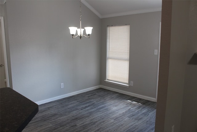 unfurnished dining area featuring ornamental molding, a chandelier, and dark hardwood / wood-style floors