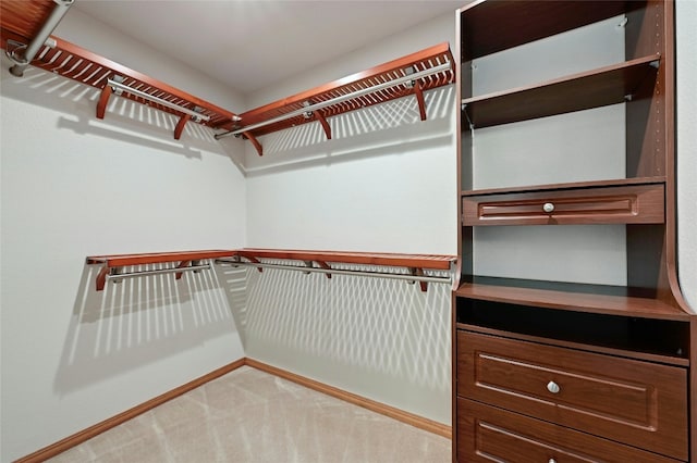 spacious closet featuring light colored carpet