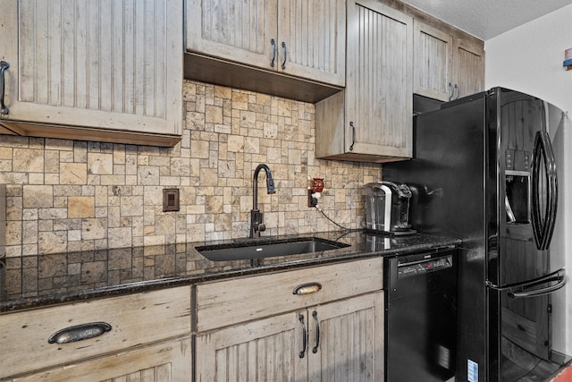 kitchen with backsplash, light brown cabinetry, and black appliances