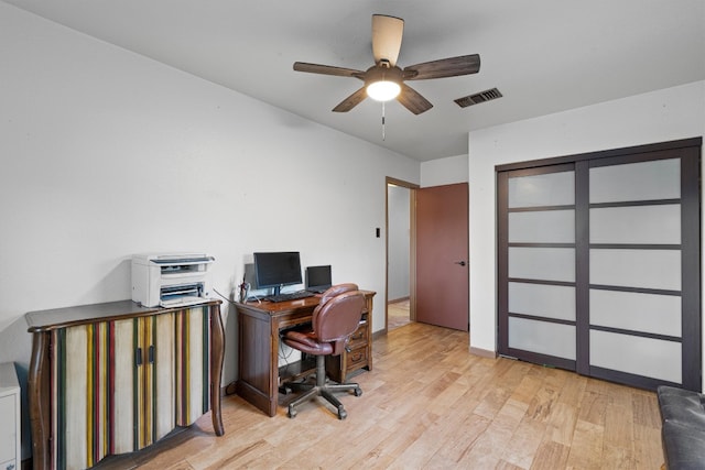 office space featuring ceiling fan and light hardwood / wood-style floors