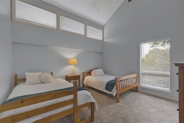 bedroom featuring carpet flooring and high vaulted ceiling