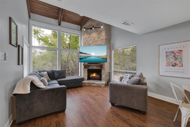 living room featuring a fireplace, wooden ceiling, dark hardwood / wood-style floors, and high vaulted ceiling