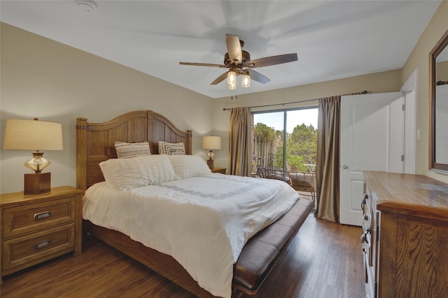 bedroom with ceiling fan, access to exterior, and dark hardwood / wood-style floors