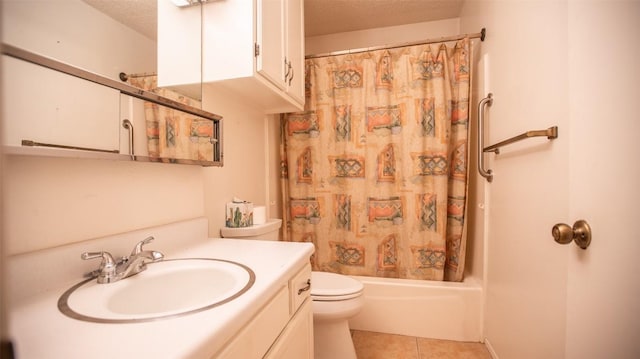 bathroom with toilet, tile patterned floors, a textured ceiling, shower / bathtub combination with curtain, and vanity