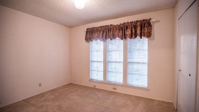 empty room featuring light colored carpet, plenty of natural light, baseboards, and a textured ceiling