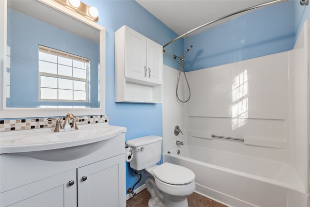 full bathroom featuring tasteful backsplash, toilet, shower / bath combination, vanity, and tile patterned flooring