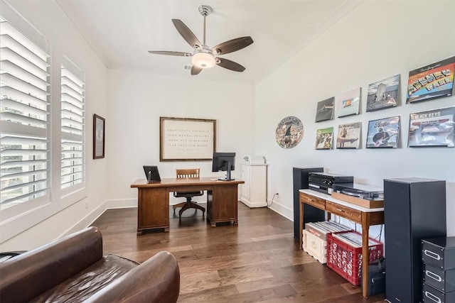 1100 Railroad Ave, Georgetown, TX 78626 - office with baseboards, ceiling fan, and dark wood finished floors