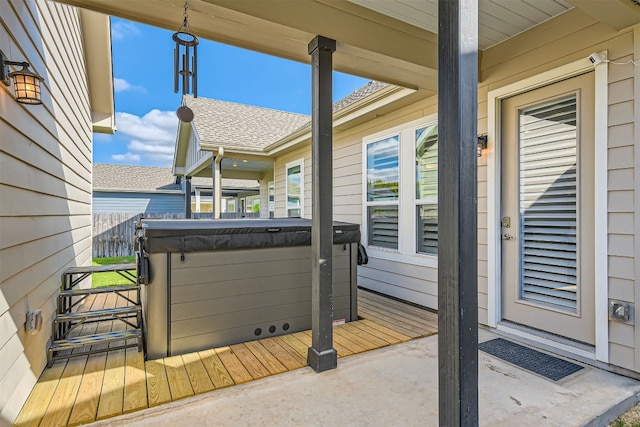 view of patio featuring a hot tub