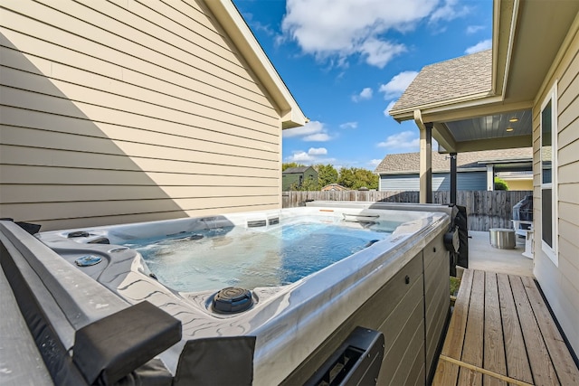 view of patio / terrace featuring a hot tub