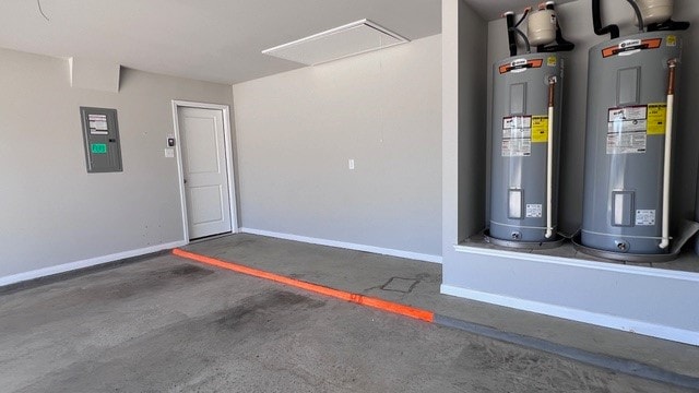 garage featuring electric water heater and electric panel