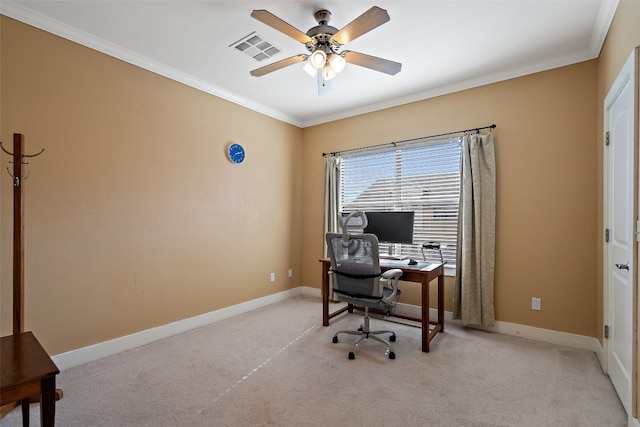 office area featuring ornamental molding, light carpet, and ceiling fan