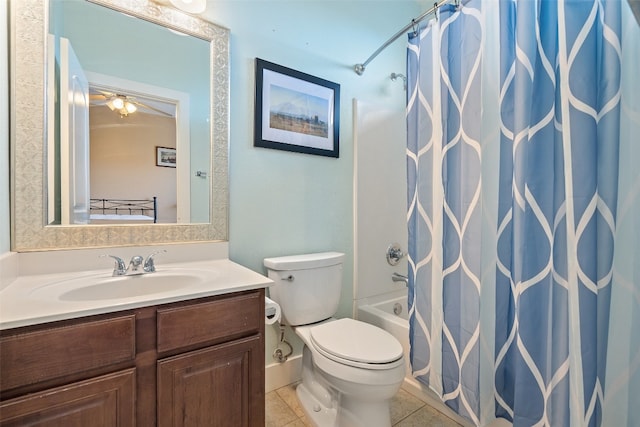 full bathroom with toilet, tile patterned flooring, shower / bath combination with curtain, vanity, and ceiling fan