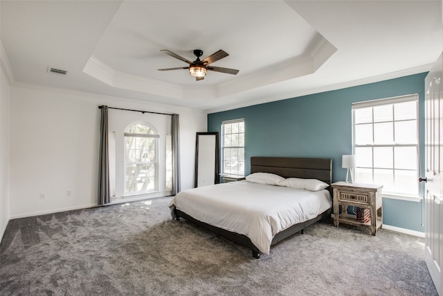 bedroom with a raised ceiling, carpet flooring, and ceiling fan