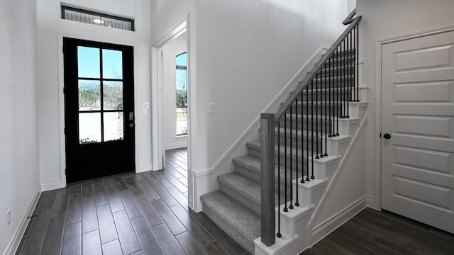 120 Teakmill Trl, San Marcos, TX 78666 - entryway with stairs, dark wood-style flooring, and baseboards