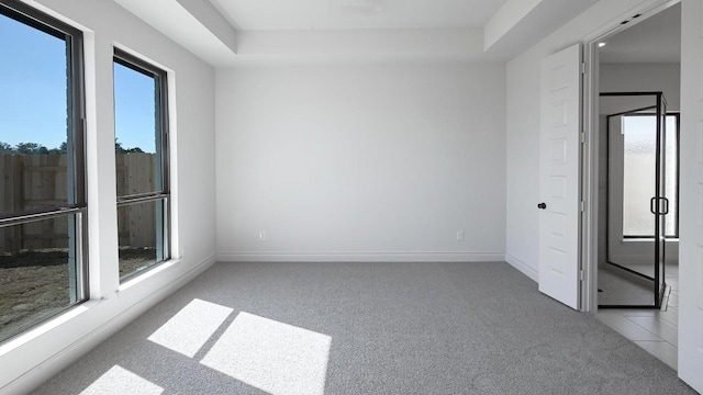 unfurnished bedroom featuring carpet flooring and a raised ceiling