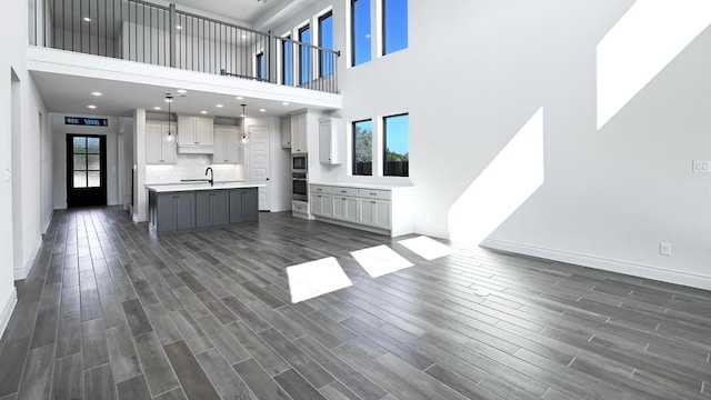 unfurnished living room featuring sink and dark wood-type flooring