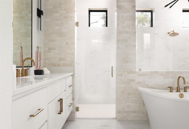 bathroom featuring plenty of natural light, tile walls, and shower with separate bathtub