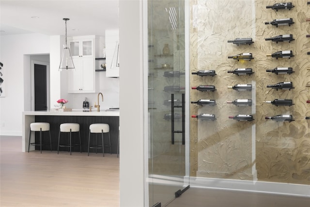 wine cellar featuring hardwood / wood-style flooring and sink