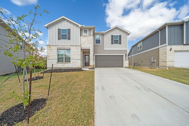 view of front of house with a garage, central air condition unit, and a front lawn