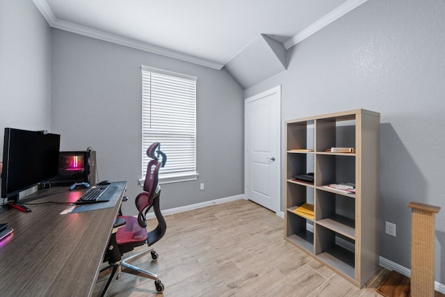 home office with crown molding and light wood-type flooring