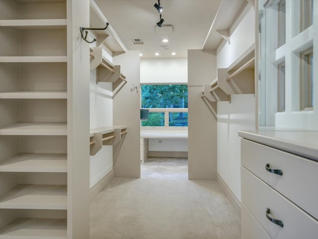 spacious closet featuring light colored carpet