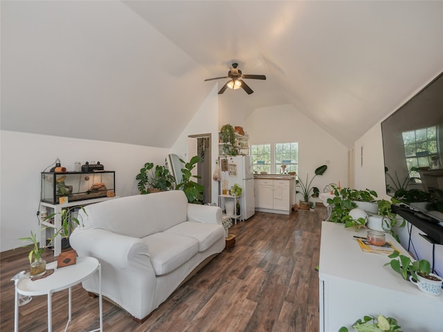 living room featuring lofted ceiling, ceiling fan, and dark wood-type flooring