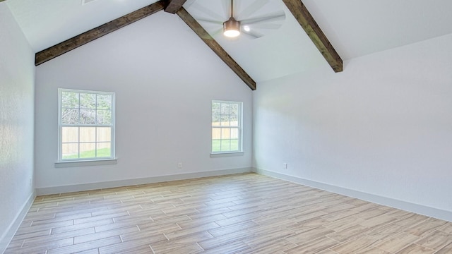 unfurnished room with beamed ceiling, ceiling fan, and high vaulted ceiling