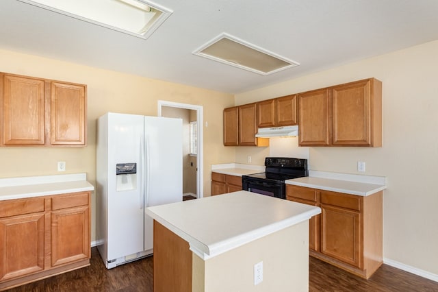 kitchen with white fridge with ice dispenser, dark hardwood / wood-style floors, a center island, and black range with electric stovetop