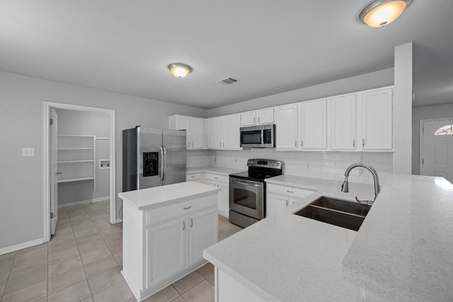 kitchen featuring appliances with stainless steel finishes, sink, backsplash, a center island, and white cabinets