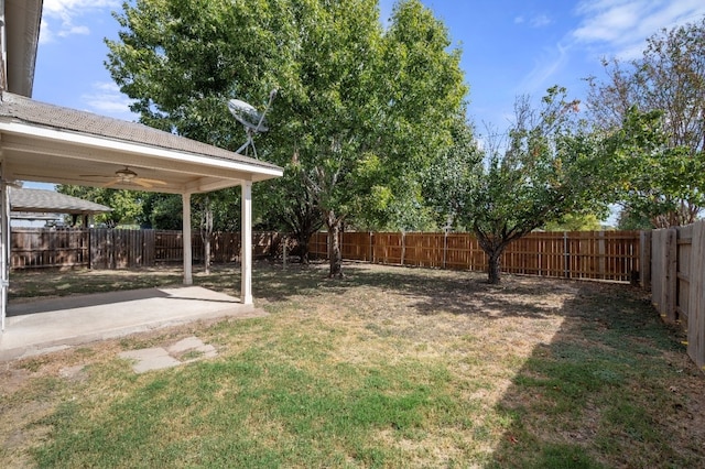 view of yard featuring a patio area and ceiling fan