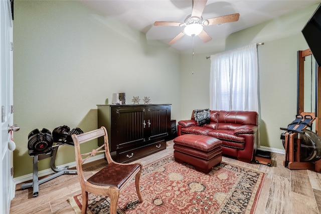 interior space with light hardwood / wood-style floors and ceiling fan