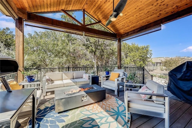 7618 Turnback Ledge Trl, Lago Vista, TX 78645 - deck featuring an outdoor living space with a fire pit, a gazebo, fence, and area for grilling