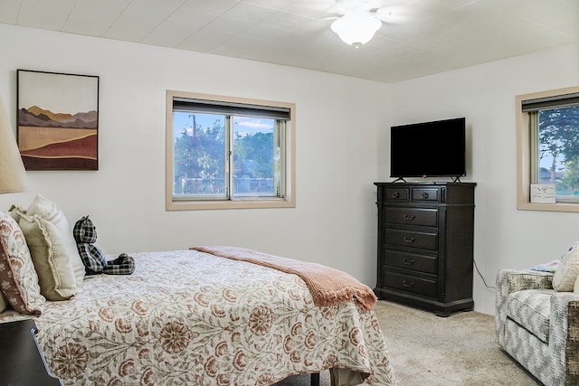 carpeted bedroom featuring multiple windows