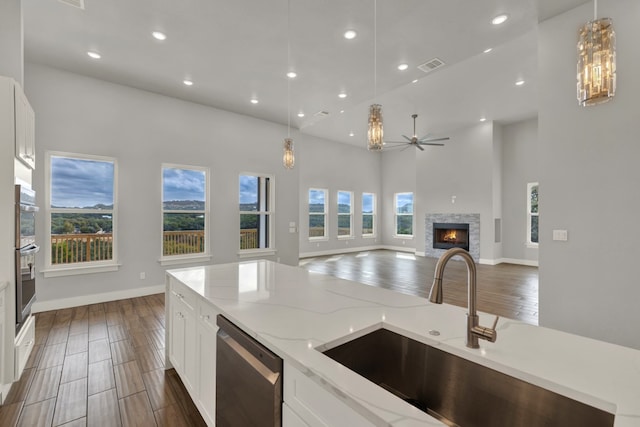 kitchen with light stone counters, dark hardwood / wood-style flooring, appliances with stainless steel finishes, a towering ceiling, and sink