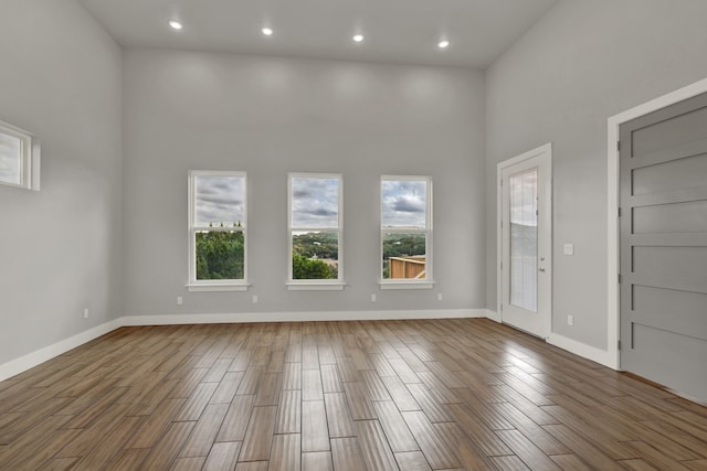 interior space featuring a high ceiling and hardwood / wood-style floors