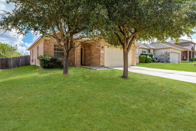 ranch-style house featuring a garage, brick siding, and a front lawn