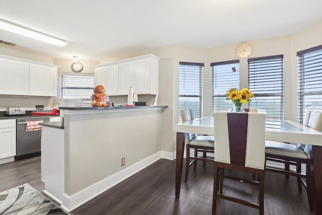 kitchen with white cabinets, dark hardwood / wood-style flooring, and stainless steel dishwasher