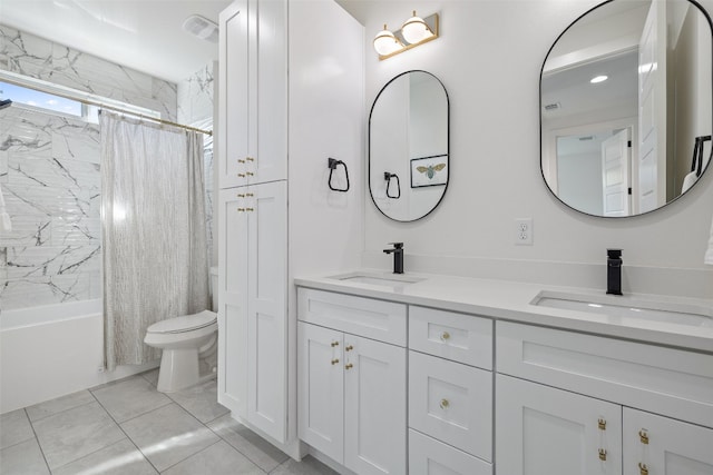 full bathroom with double vanity, shower / tub combo, toilet, and a sink