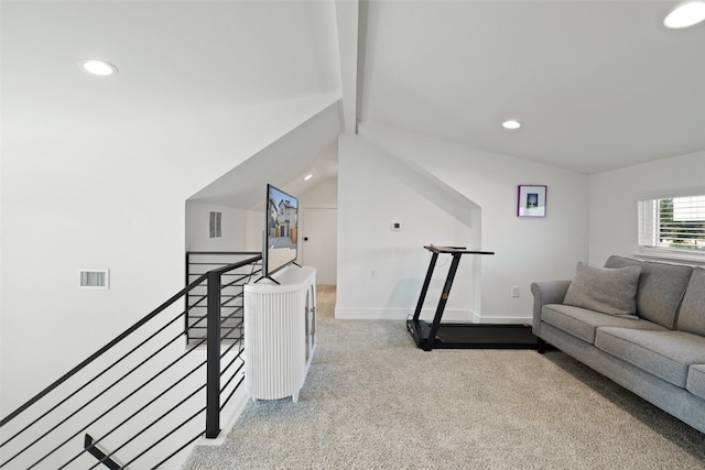 living room with recessed lighting, visible vents, carpet flooring, and vaulted ceiling